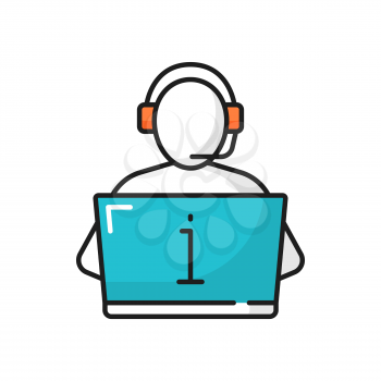 Hotline assistant person in headphones at laptop isolated color line icon. Vector call center hotline assistant in headset, communication online. Helpline worker giving information instructions