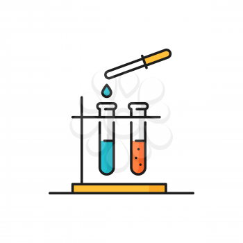 Lab glassware droplet and flask, gene engineering isolated line icon. Vector beakers stand, eyedropper with falling drop. Modified food, genetics, chemistry and physics scientific research, pharmacy