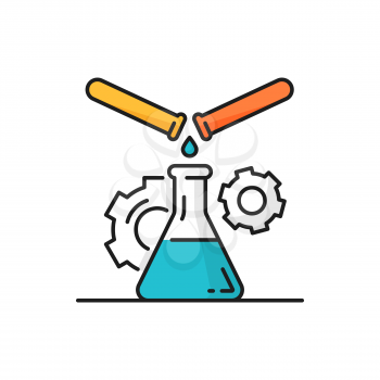 Test tubes and beaker, lab experiment in genetics, rotating gear cogwheel mechanism isolated line icon. Vector laboratory research glassware, gene engineering tubes and flask, chemistry and biology