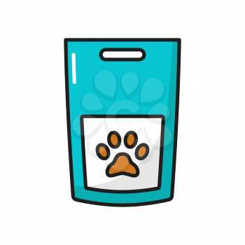 Pet cat dog dry food bag feeding package isolated outline icon. Vector pack with paw print, veterinary nutrition kittens and puppies meal. Domestic animals health and care nutrition dietary supplement