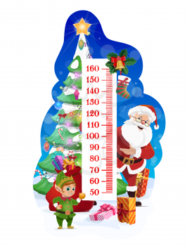 Kids height chart with Christmas tree and Santa. Children growth meter, child height centimeters ruler vector scale with funny elf, decorated spruce and Santa sack with Christmas gifts, stocking sock