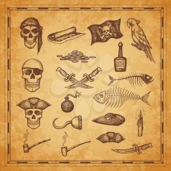 Pirate map and flag, skull, dagger and fish bones, vector sketch elements. Pirate treasure island map icons, weapon, rum bottle and parrot, tobacco pipe, candles and captain hook, sea adventure