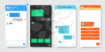 Support chat window, chatbot or bot messenger app interface vector template. Customer support and online help desk application, web consultant dialog or live message box and chatbot application