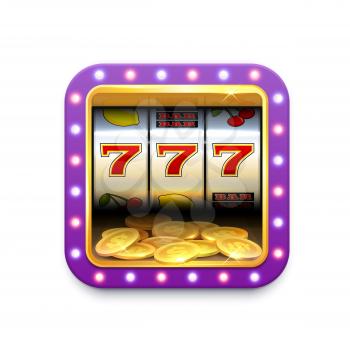 Casino slot machine roulette vector icon, online game, jackpot and gamble play app. Casino and lucky poker gable game mobile application button with gold coins money and 777 win spin jackpot