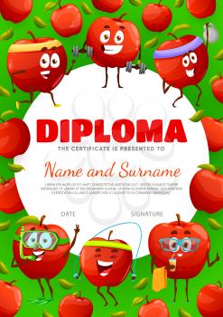 Kids diploma certificate with cartoon red apple characters on sport and leisure, vector. School appreciation award or kindergarten diploma with frame of cute apple fruit with gym barbell or snorkeling