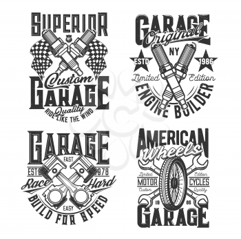Crossed engine pistons, spark plugs and wrenches t-shirt print template. Car repair service garage station, custom motorcycles mechanic, motorsport racing apparel vector print with vehicle spare parts