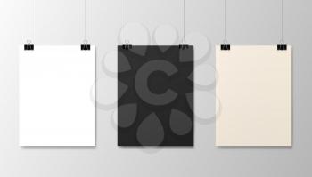 Hanging paper posters mockups, vector realistic sheets of paper on strings. Photo gallery posters on wall, blank white and black board frames hanging on binder clips, exhibition picture canvas