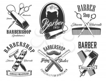 Barber shop vector signs and icons, gentleman and hipster haircut, beard and mustaches shaving salon. Premium quality barbershop pole signage, razor blade, scissors, comb and hair trimmer