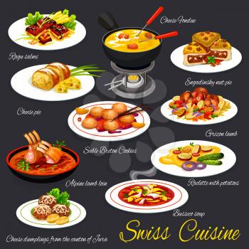 Swiss cuisine meals, meat dishes and desserts vectors. Guinea fowl ragout, raclette with potatoes and alpine lamb loin, engadine nut tart, sable breton cookies and dumplings, cheese fondue, tripe soup