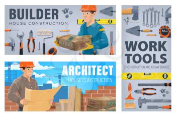 House construction workers and tools banner. Builder holding sack of cement, construction architect or engineer looking on building plan blueprint. Hand tools, measuring equipment for builders vector