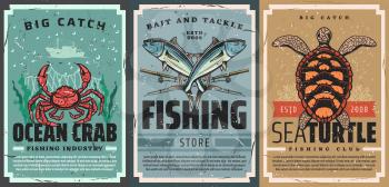 Seafood catch and fishing tackle shop vintage poster. Ocean crab, tuna and rods, sea turtle, coral and seaweed vector. Seafood industry, fishing equipment and bait store and club retro banners