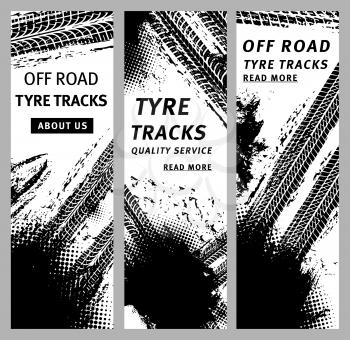 Tire prints, car tyre tracks with grunge stained vector marks and spots. Auto service or bike race, vehicle, transportation. Dirty wheels trace monochrome pattern, graphic textured design banners set
