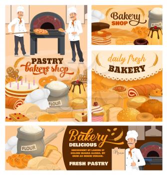 Pastry shop and bakery cartoon vector posters set. Pizzeria chef, baker in toque with menu, holiday cakes and pies, wheat and rye bread, cupcake, sack with flour and rolling pin. Bakeshop sweet pastry