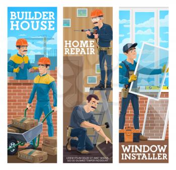House builder, home repair maser, window installer banners. Builders working on site, handyman laying laminate flooring, installing window. Construction and house renovation workers characters vector