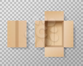 Empty cardboard box realistic vector mockup on transparent background. Open and closed brown carton delivery box, top view of package for shipping or storage, parcel or gift packing 3d mock up