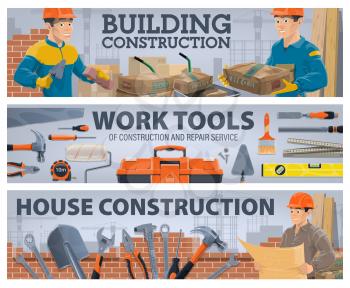 Construction industry workman and work tools banners. Bricklayer with trowel, builder carrying cement and house construction architect or foreman looking on blueprint. Builders hand tools vector set