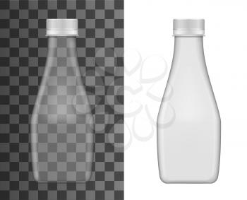 Glass milk bottle vector mockup, realistic closed empty flask with lid isolated on transparent background. Template for product advertising, branding, dairy production or water blank 3d bottle design