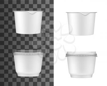 Plastic containers for sour cream, yogurt or jam. Isolated vector white jars with foil and transparent plastic lids. Realistic mockup template for products packaging, Blank food packs design 3d set