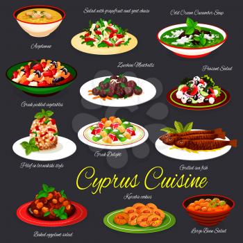 Cyprus cuisine meals, cypriot food dishes vectors. Avgolemono and cold cucumber soup, salad with grapefruit and goat cheese, zucchini meatballs and bulgur pilaf, grilled fish, kourabiedes cookies