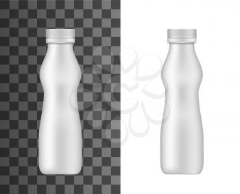Plastic bottle vector mockup, realistic closed curvy flask with lid for yogurt, milk, juice or dairy liquid production isolated on transparent background. Tube template for product, blank 3d design