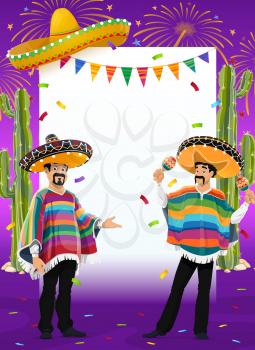 Mexican holiday vector frame with mariachi musicians at Cinco de Mayo festival. Music band cartoon characters in sombrero and poncho playing maracas. Fiesta carnival border with fireworks and cacti