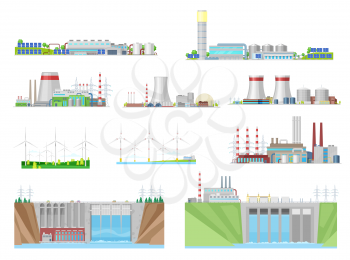 Power plant and energy station building vector icons of nuclear, coal, hydroelectric, wind and thermal energy, electric power industry. Eco wind turbines, water dams, nuclear and coal fired stations