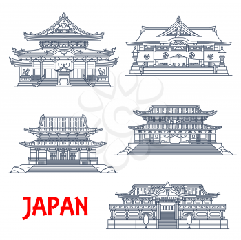 Japanese travel landmark thin line design of Asian religious buildings, vector architecture. Buddhist temples of Zojo-ji, Rinno-ji and Toyokawa Inari, Tosho-gu and Hie Jinja Shinto shrines