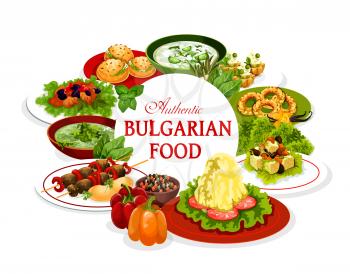 Bulgarian food, vector meal of vegetable and meat dishes. Yogurt cold soup tarator, lamb kebapcheta and vegetable salad with bryndza cheese, mashed potato and sorrel soup, fruit cupcake, stuffed buns