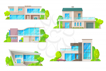 Real estate house building isolated icons with vector homes. Residential villa, cottage, bungalow and mansion exteriors with glass windows, front doors, roof with chimney, garage and car symbols