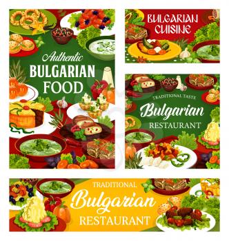 Bulgarian restaurant food vector design of vegetable and meat meal with dessert dishes. Yogurt soup tarator, beef, fruit and bryndza cheese pies, potato stew, buns and cupcakes, vanilla bagel