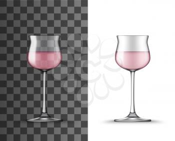 Rose wine glass realistic mockup of vector alcohol beverage wineglass. Isolated glassware or stemware clear goblet cup with rose wine or champagne on transparent background, tableware 3d design