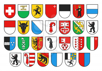 Coat of arms of Switzerland and Swiss cantons, vector heraldry. Heraldic shields with emblems of Zurich, Bern, Lucerne and Geneva, Uri, Schwyz, Obwalden and Nidwalden, Glarus, Zug and Fribourg