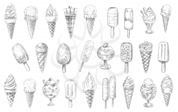Ice cream cone, sundae dessert and stick vector sketches, hand drawn food. Ice cream waffle cones with vanilla and chocolate scoops, gelato, frozen sorbet and popsicle with strawberry flavor and nuts