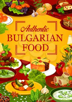Bulgarian cuisine food of vector meat dishes with vegetables and desserts. Yogurt and spinach soups, beef pies and cabbage rolls, stuffed peppers and buns with bryndza cheese, donuts, mashed potato
