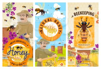 Honey, bee, hive and beekeeper banners, vector beekeeping farm food. Honeycomb, bees, apiary beehives, flowers and honey jars, yellow pollen, wood dipper and smoker, apiculture or beekeeping design