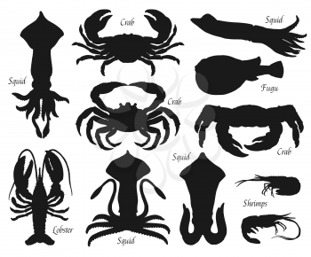Sea animal and fish black silhouettes, vector seafood and shellfish. Crabs, squids and lobster, shrimp or prawn and fugu, isolated symbols of fish and crustaceans, fishing sport and fishery design