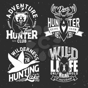 Deer, duck, bear and boar t-shirt print of hunting sport club vector mockup. Hunting animals and bird of wild grizzly, reindeer or moose, elk and hog grunge badges, hunter custom apparel with trophies