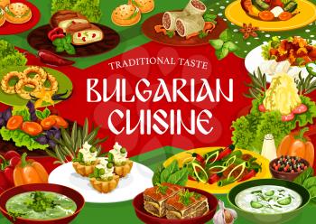 Bulgarian cuisine dishes of meat and vegetable food, vector restaurant menu. Bryndza salad, pepper lutenitsa, yogurt soup and mashed potato, beef pie, stew, cheese buns, vanilla bagels and cupcakes