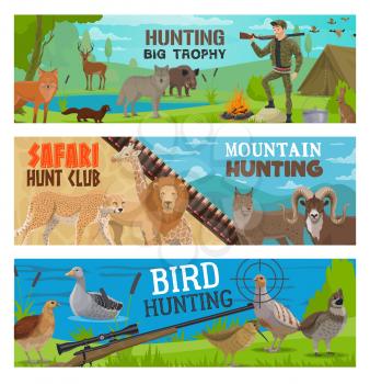 Hunting sport vector banners of hunter, gun, animal and bird. Hunt equipment, huntsman rifle target and ammunition, safari lion, cheetah, forest wolf and deer, lake duck, goose and quail, boar and fox