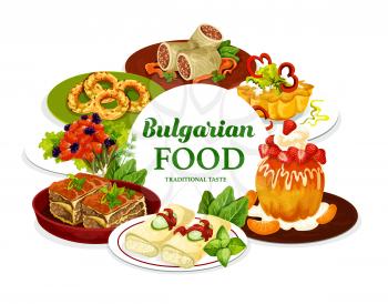 Bulgarian cuisine meat food with fruit dessert dishes, vector meal. Beef stuffed cabbage rolls, baked bryndza cheese in filo pastry, meat pie and pork with prunes, sugar donut, cupcake, vanilla bagels