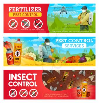 Pest control service vector banners with pest insects, bugs, rodent animals and exterminators. Cockroach, mosquito, rat and fly, pesticide and insecticide protection spray and agriculture crop duster
