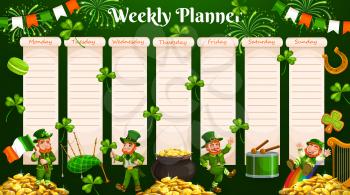 Weekly planner vector template of timetable, schedule and organizer. Week chart for to do list, day agenda, goals and tasks planning, diary, reminder notes, study plan with Irish leprechauns, clover