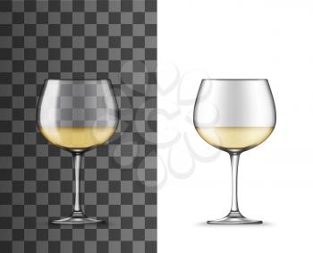 Glass of white wine montrachet realistic mockup of alcohol beverage vector design. Isolated 3d wineglass or goblet cup with white burgundy wine or chardonnay, glassware on transparent background