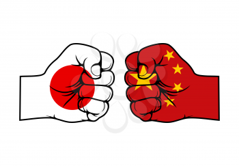 Japan and China conflict, vector fists with flags of Asian countries. Trade war, military conflict, politic confrontation and border dispute between Japan and Peoples Republic of China