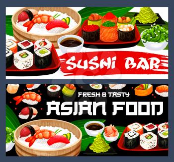 Japanese sushi vector banners of Asian cuisine food with rolls, nigiri, hosomaki and uramaki. Seafood and fish, rice, seaweed nori and cucumber sushi with soy sauce, wasabi and marinated ginger