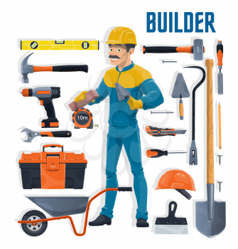 Builder with construction and house repair work tools cartoon vector. Bricklayer or mason worker with spade, hammer, toolbox and trowel, brick, spatula, drill and wrench, wheelbarrow and hard hat