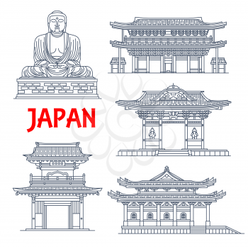 Japanese travel landmarks with vector thin line pagoda buildings and statue. Buddhist temple Hase-dera, Jochi-ji and Tofuku-ji Gates, Chion-in sanmon and Great Buddha of Kamakura in Kotoku-in temple
