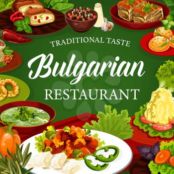 Bulgarian cuisine vector dishes of meat and vegetable food with dessert. Bryndza with tomato sauce lutenitsa, cheese stuffed peppers and buns, beef pie and cabbage rolls, spinach soup, vanilla bagels