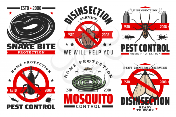 Pest control and disinfection service isolated vector icons with insects and insecticide. Mosquito, spider, moth and snake, weevil and silverfish with red forbidden symbols, repellent sprays and coil