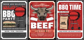 Barbecue grill and meat food retro posters of bbq party. Vector beef steak hamburgers, vintage charcoal grill and skewers, fire flames, cow head and chef knives, steak house, grill bar or butcher shop